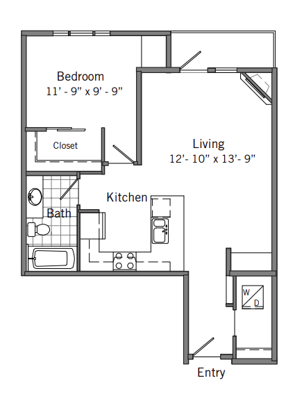 Floor plan for 1 bed, 1 bath, 829 sqft